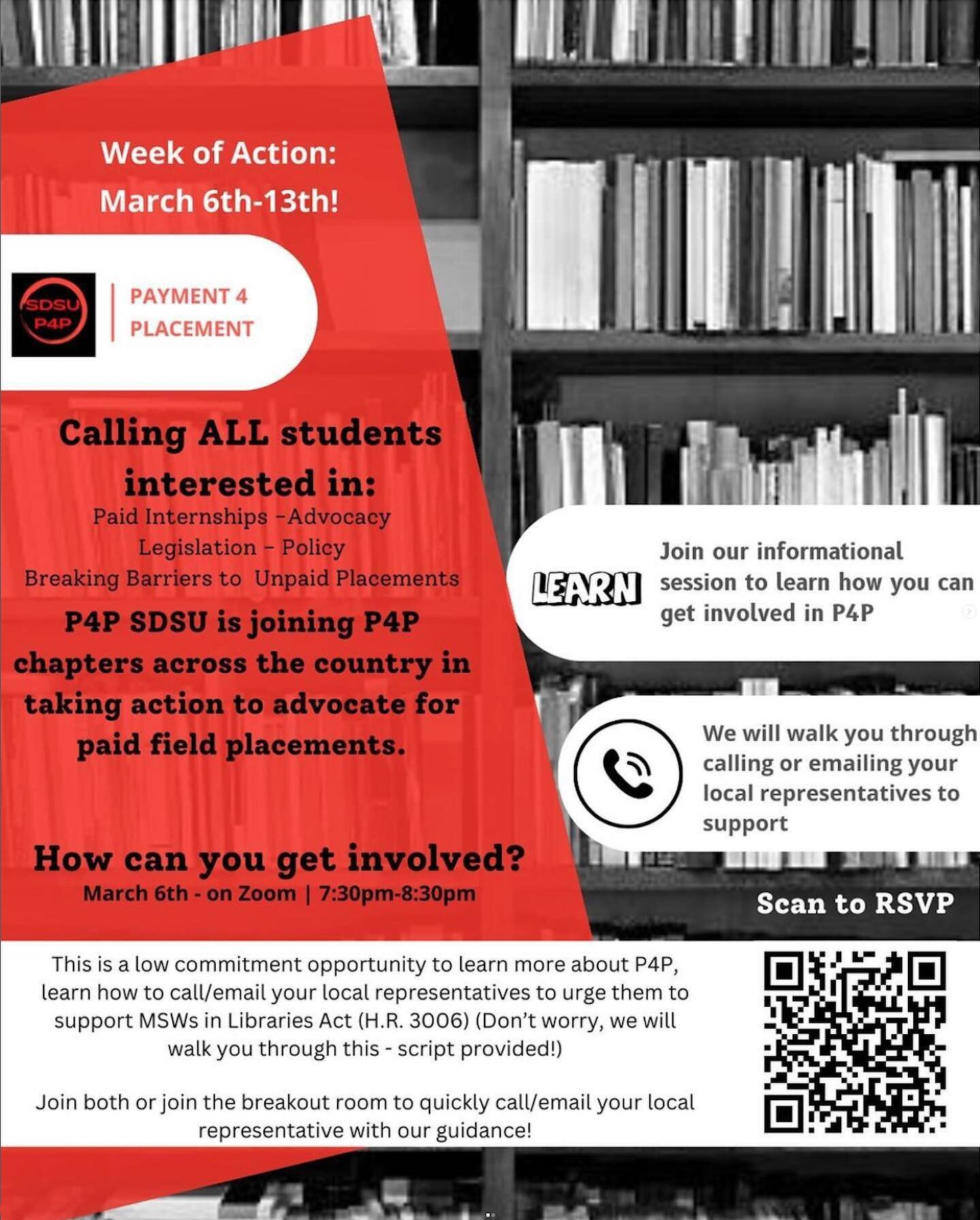 Join Payment for Placements at San Diego State University @p4p_sdsu TODAY (3/6) at 7:30 PM to call your Representative. If you are just finding out about P4P you can learn more about who we are AND learn about how to support the Libraries Act. 

P4P 