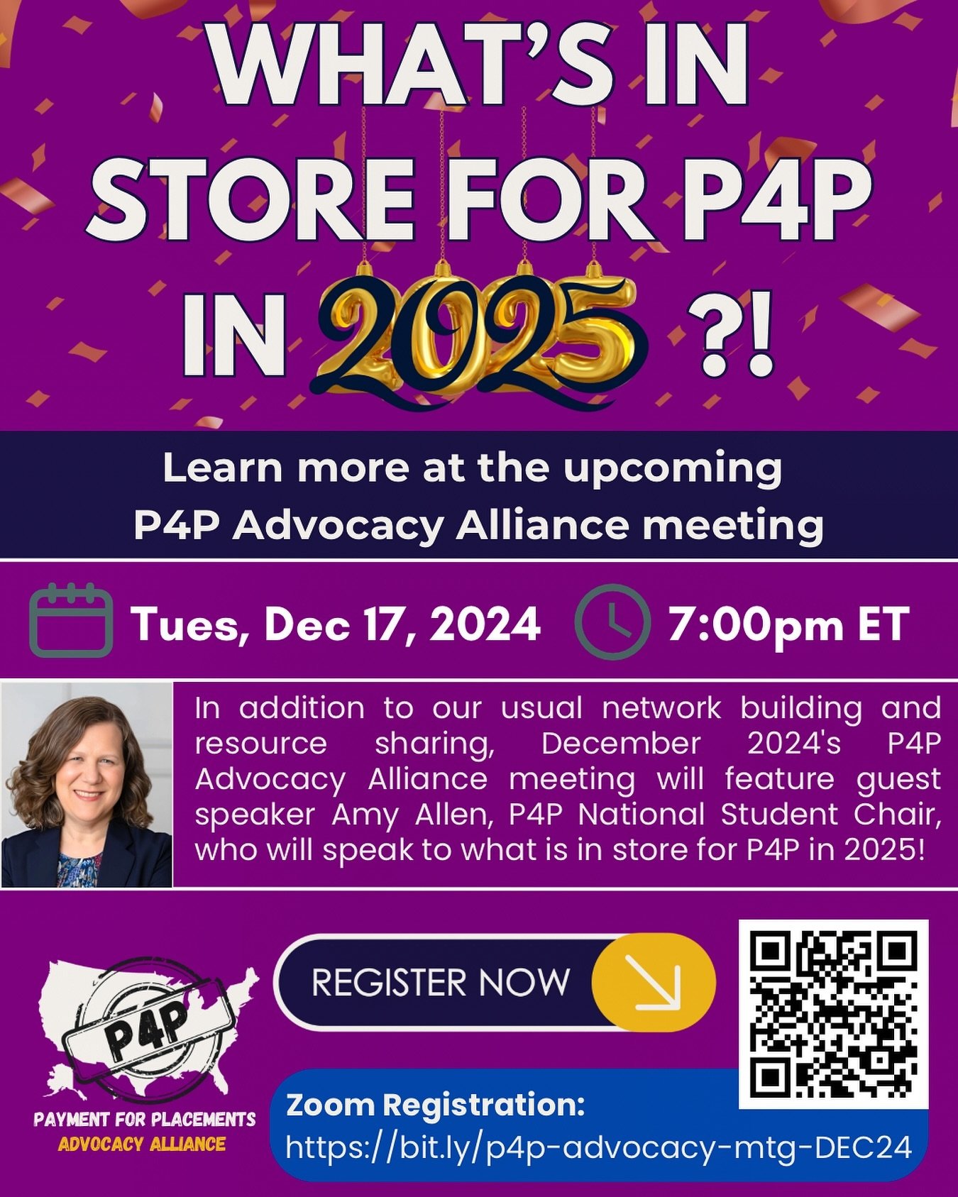 WHAT&rsquo;S IN STORE FOR P4P IN 2025⁉️

🤔 

Learn more at the upcoming P4P Advocacy Alliance meeting‼️

📆 DATE: Tuesday, December 17th 
⏰ TIME: 7:00pm ET /  6:00pm CT / 5:00pm MT/ 4:00pm PT
📍 LOCATION: ZOOM

🔗 LINK: https://bit.ly/p4p-advocacy-m