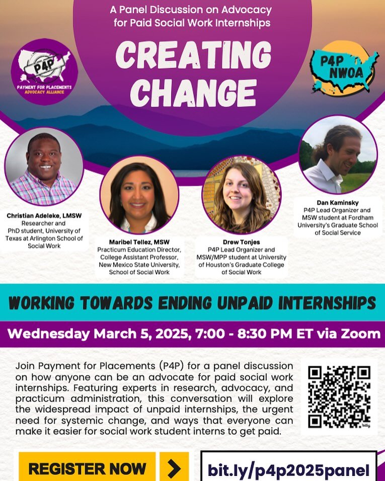 ⚠️ Attention! ⚠️ 

P4P National Week of Action 2025 kicks off in March with a 🗣️ panel discussion on advocacy for paid 💰 social work internships. 

📆: Wednesday, March 5, 2025
⏰: 7:00-8:30 PM ET
📍: Zoom
🔗: Register at the link in our Linktree

?
