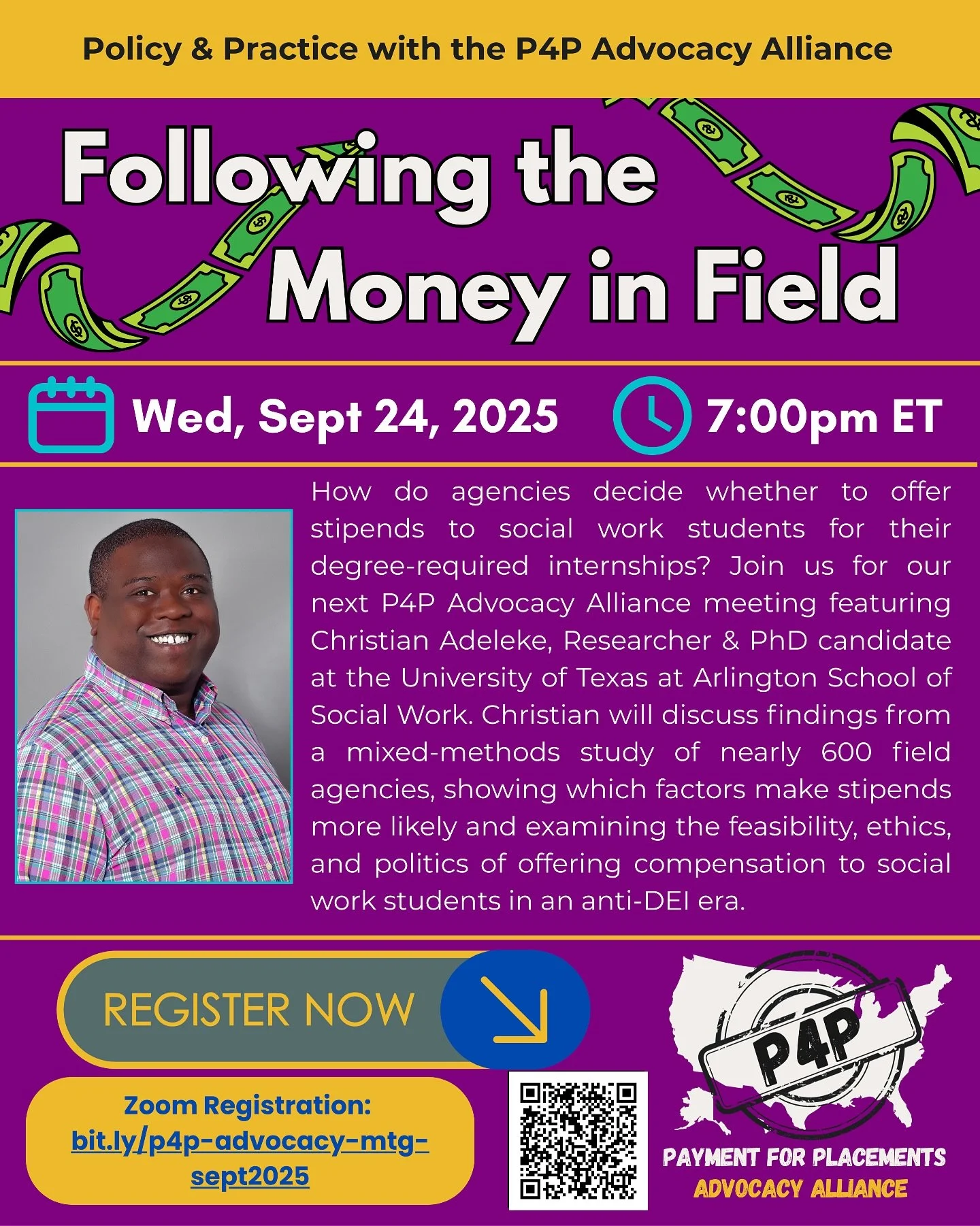 🗣️ The next P4P Advocacy Alliance meeting is Wednesday, September 24th at 7:00pm ET! 

📢 Policy &amp; Practice Spotlight:
How do agencies decide whether to offer stipends to social work students for their degree-required internships? Join us for ou