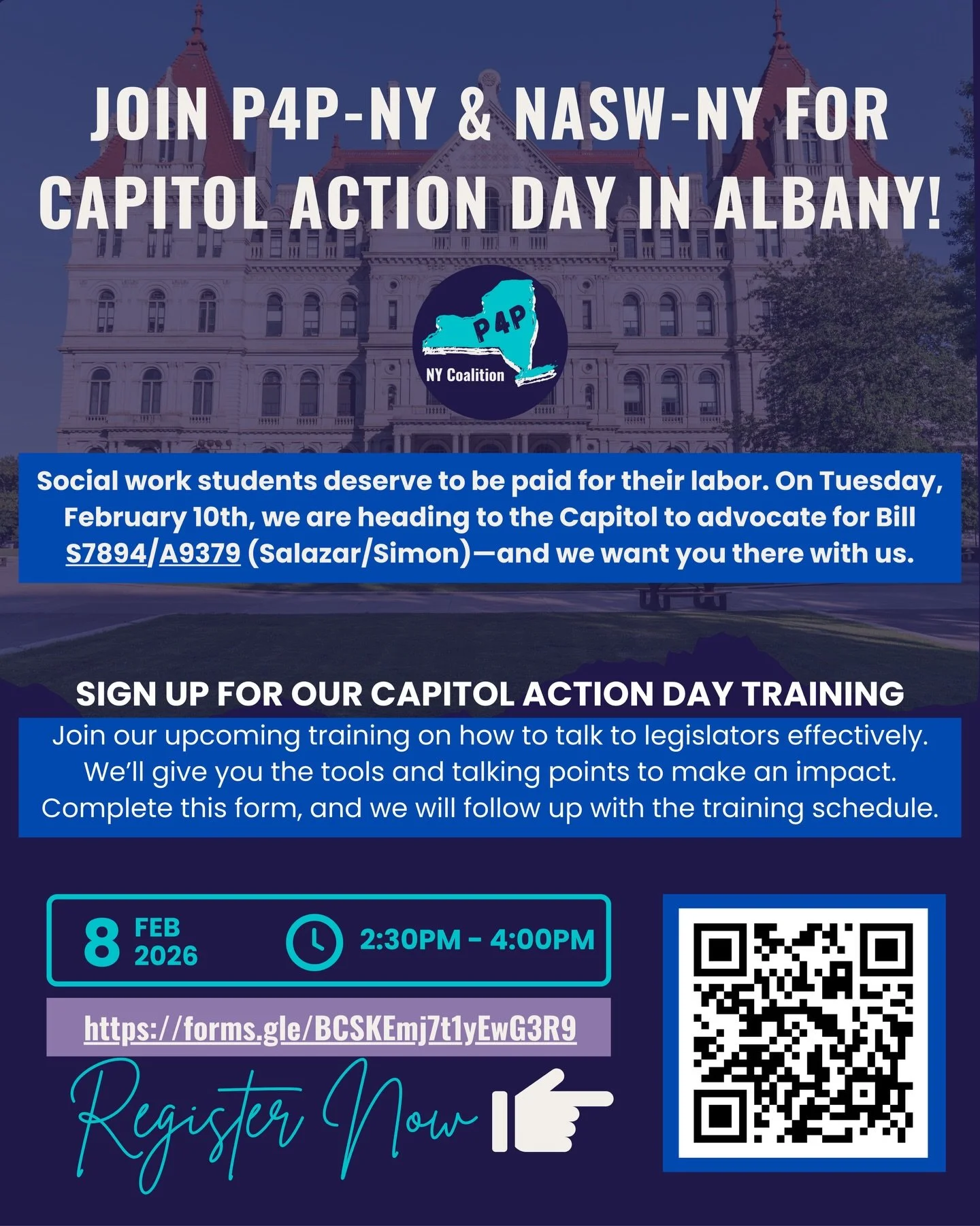 Ready to turn your passion into policy? 📢 Join P4P-NY and @NASWNewYork for Capitol Action Day (CAD) in Albany!

We&rsquo;re heading to Albany on Feb 10th to fight for Bill S7894/A9379, which would provide stipends for MSW students during their field