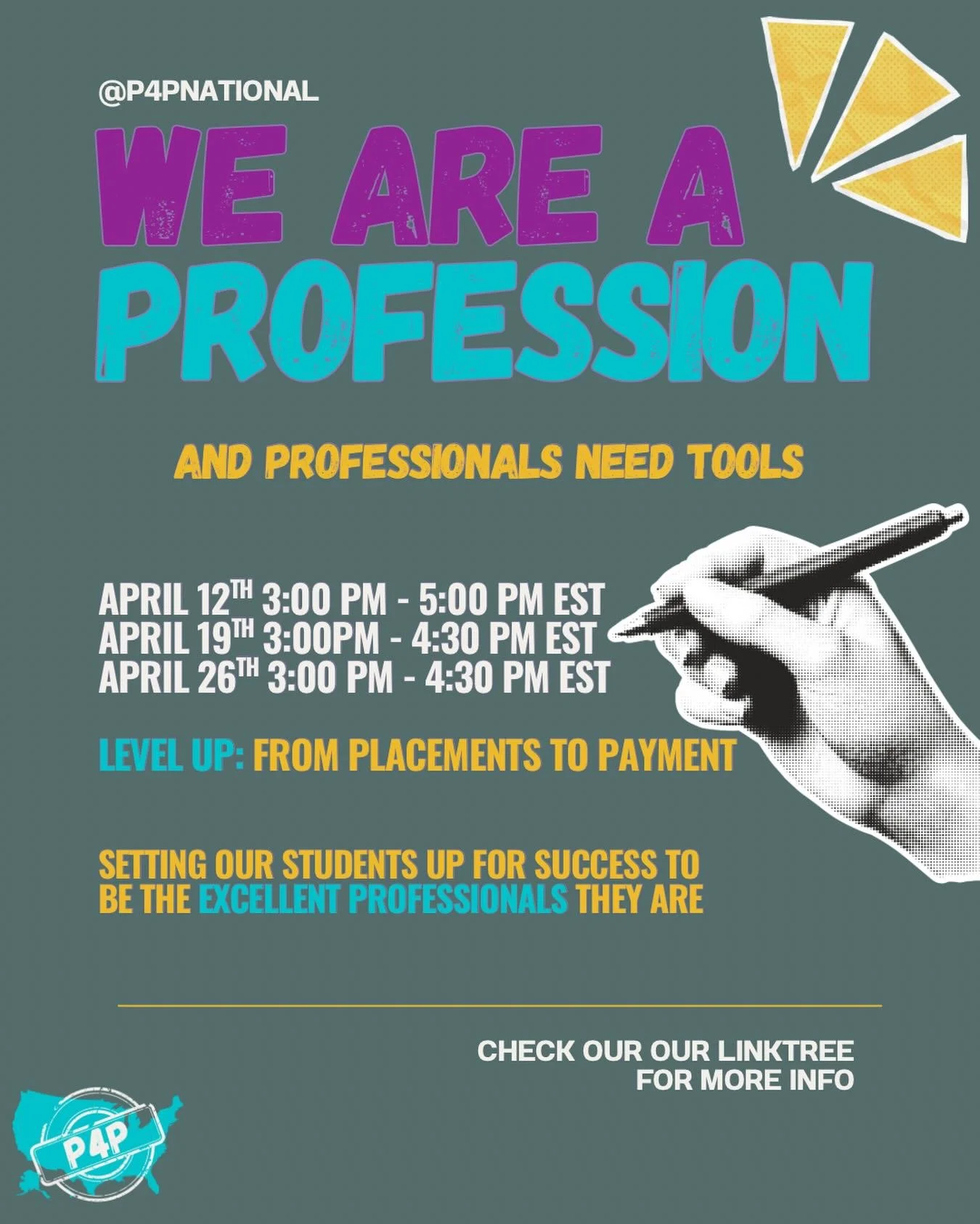 WE ARE A PROFESSION. And professionals need tools. 🛠️✨

We&rsquo;ve heard you, we&rsquo;ve pivoted, and now we are officially BACK. P4P National is proud to re-introduce our 3-part series: Level Up: From Placements to Payment. 🚀

The transition fro