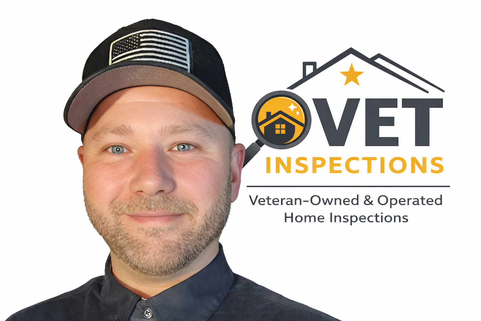 A man with blue eyes and a beard wearing a black shirt and a cap with an American flag patch, standing next to a logo for Vet Inspections, which includes a house and magnifying glass. The text reads "Vet Inspections" and "Veteran-Owned & Operated Home Inspections."