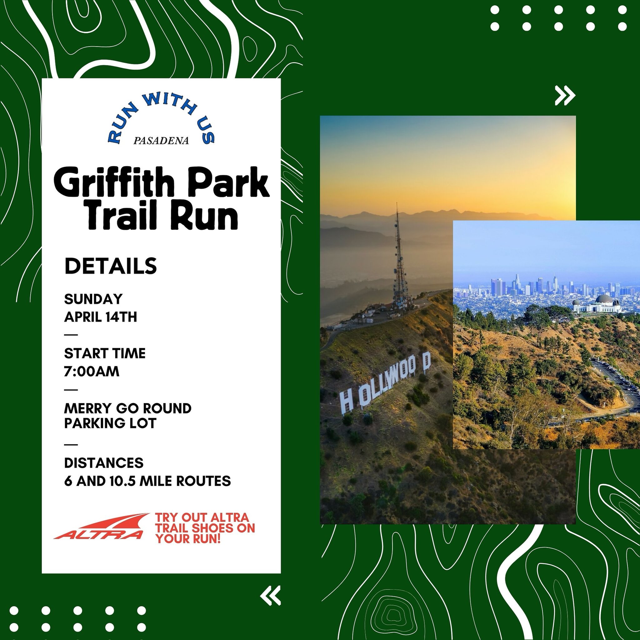 Griffith Park Trail Run | Join us and our friends from @altrarunning as we head over to Griffith Park! 

If you&rsquo;ve ever wanted to try out Altra trail shoes, this is your chance! 

We&rsquo;ll have two routes with pace leaders and a sweeper for 