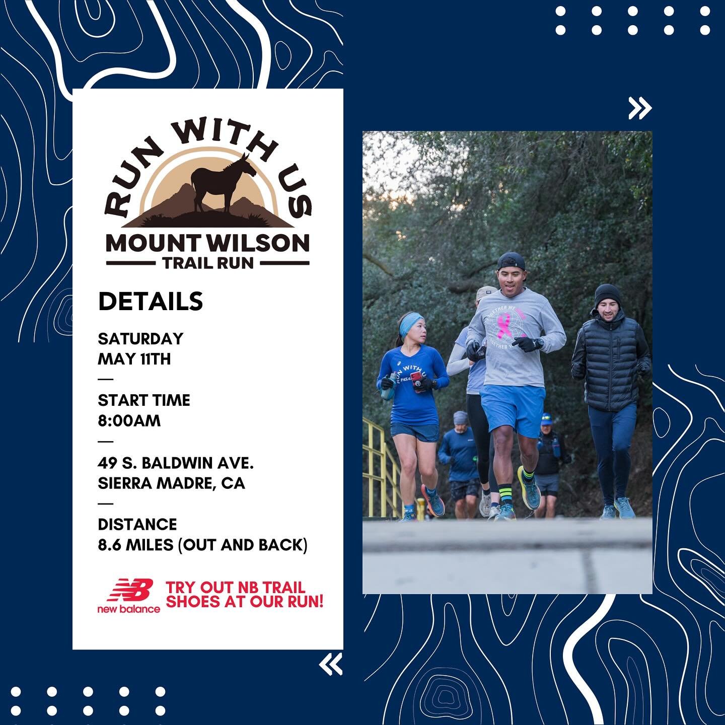 We have a lot coming up this weekend!

📆 Saturday, May 11th | Mt. Wilson Race Preview
➡️ Location: 49 S. Baldwin Ave, Sierra Madre, CA 
➡️Time: 8am 
➡️Distance: 8.6 miles out and back 
Other Fun Stuff: Our friends from New Balance will be joining us