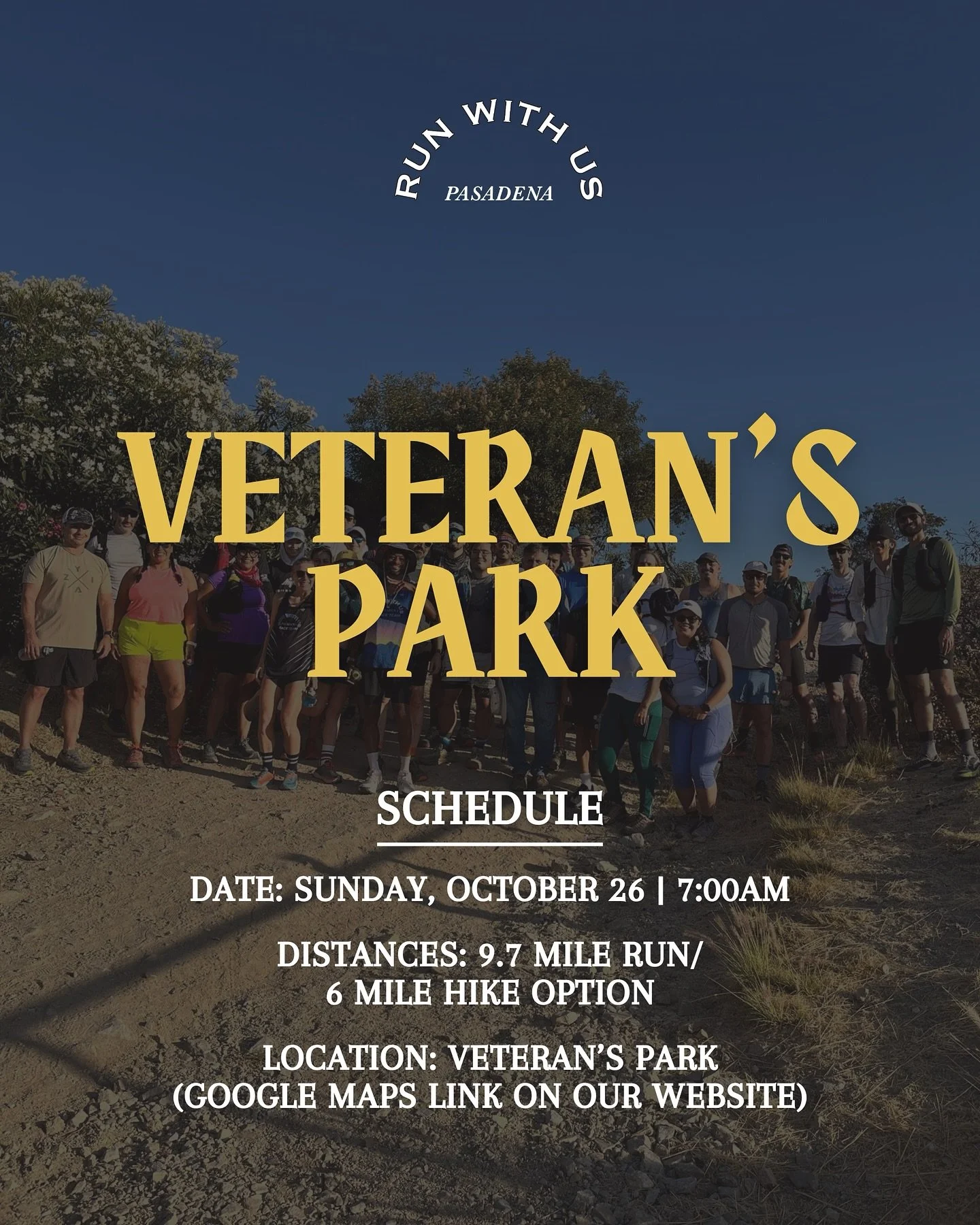 Veteran’s Park Trail Run THIS Sunday!!
Join us this Sunday for a fun out and back route! We will have pacers in the front, middle, and back of the pack. What goes up must come down with this route!
RUN INFO
Date: Sunday, October 26
Time: 7am