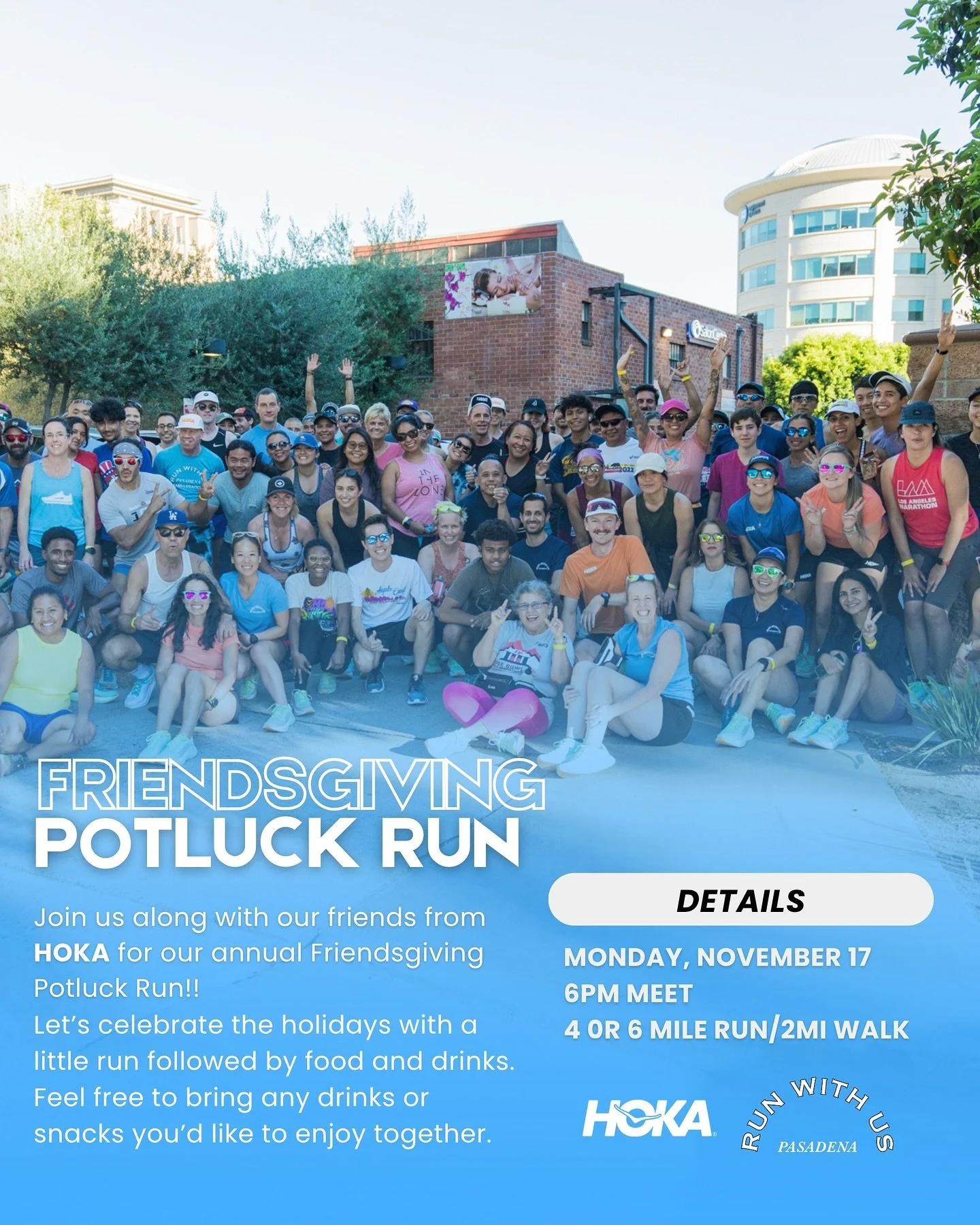Join us Monday, November 17th for our annual Friendsgiving Potluck Run/Walk!! We love celebrating the holidays with friends and what better way than with a run or walk followed by food and drinks! 🍕🥐🍰🍪🫔

We encourage you to bring whatever little