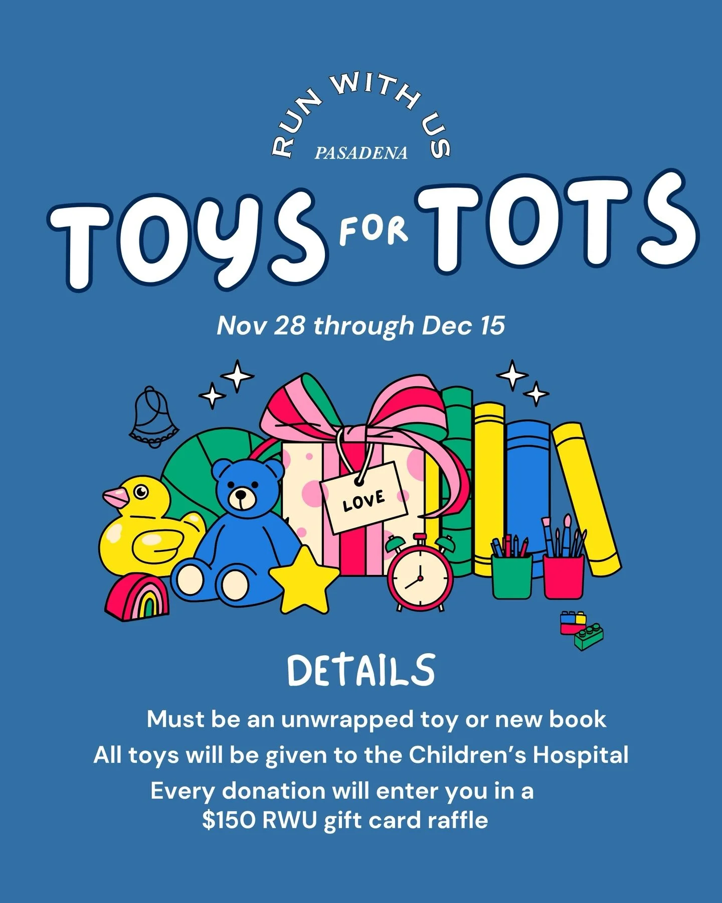 There are still a few more days left to donate towards Toys for Tots!! We are accepting donations until December 15. Every donation enters you to win a $150 Gift Card towards Run With Us. 

Donation Details: 
➡️ Must be an unwrapped toy or new book
➡