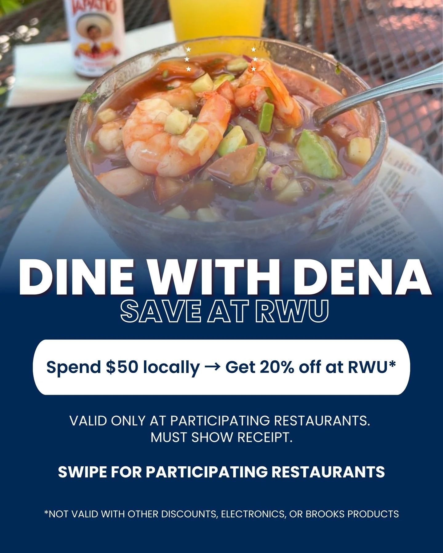 Dine with Dena. Save at RWU. 🍽️🏃&zwj;♂️

We&rsquo;re supporting our Altadena neighbors the best way we know how&mdash;by keeping it local.
From now through 2/1/26:
✔ Spend $50 at a participating restaurant
✔ Show your receipt at RWU
✔ Get 20% off y