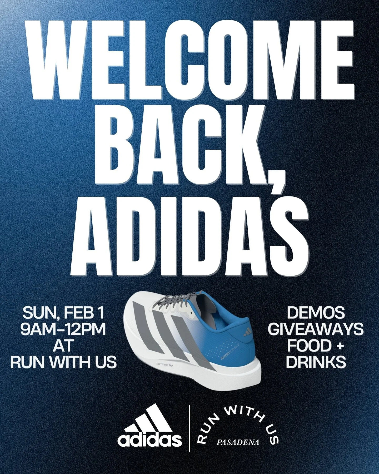 WELCOME BACK, ADIDAS ⚡️| We&rsquo;re excited to welcome Adidas back to Run With Us for a special event featuring the Evo SL. Experience one of adidas&rsquo; fastest, most exciting performance shoes up close, connect with the community, and enjoy give