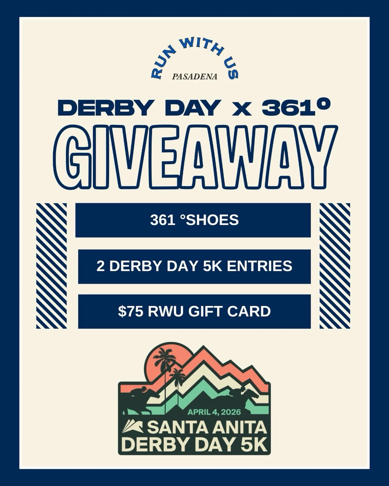 🏇 DERBY DAY x 361&deg; GIVEAWAY | Want to run the Derby with a friend and score new shoes while you&rsquo;re at it? 

One winner will receive:
🏁 TWO entries to the Derby Day 5K (bring a friend!)
👟 A pair of 361&deg; running shoes
🎟 $75 Run With U