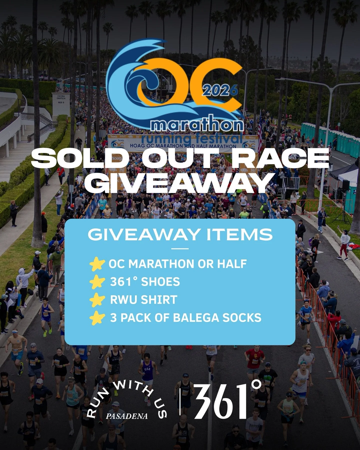 🏁 OC MARATHON/HALF MARATHON GIVEAWAY 

The race is SOLD OUT&hellip; but we&rsquo;ve got one spot to raffle!! 

One winner will receive:
🏁 Entry to the SOLD OUT OC Marathon or Half Marathon
👟 361&deg; Shoes 
👕 Run With Us shirt
🧦 3-pack of Balega