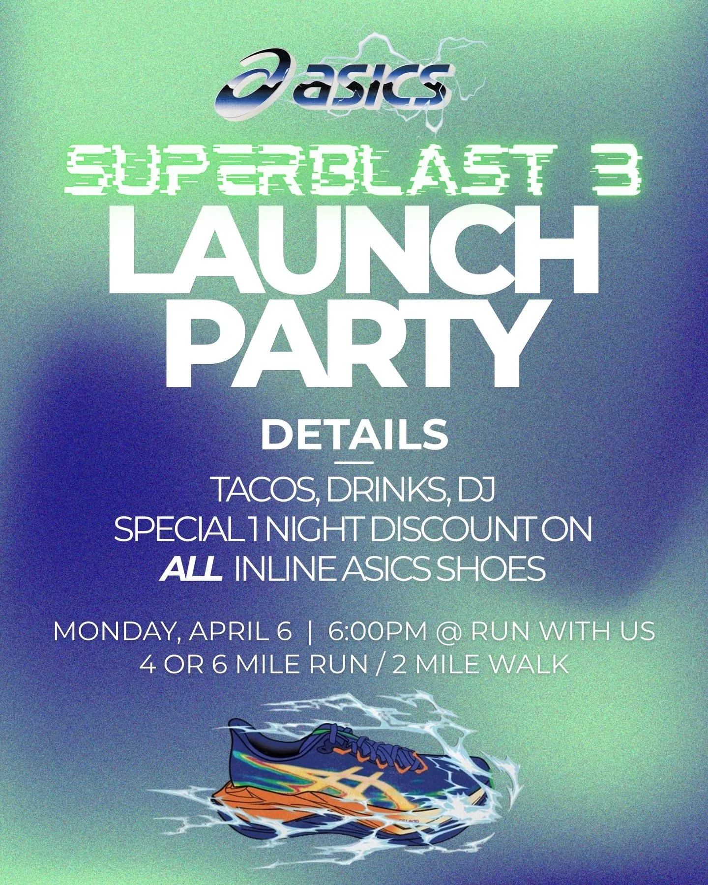 SUPERBLAST 3 LAUNCH PARTY ⚡️ | We&rsquo;re turning this upcoming Monday night into a full-on launch celebration for the uber popular Superblast 3!! 

We&rsquo;re talking  DJ 🎧, FREE tacos + drinks 🌮, and a special One-night-only ASICS deal you don&