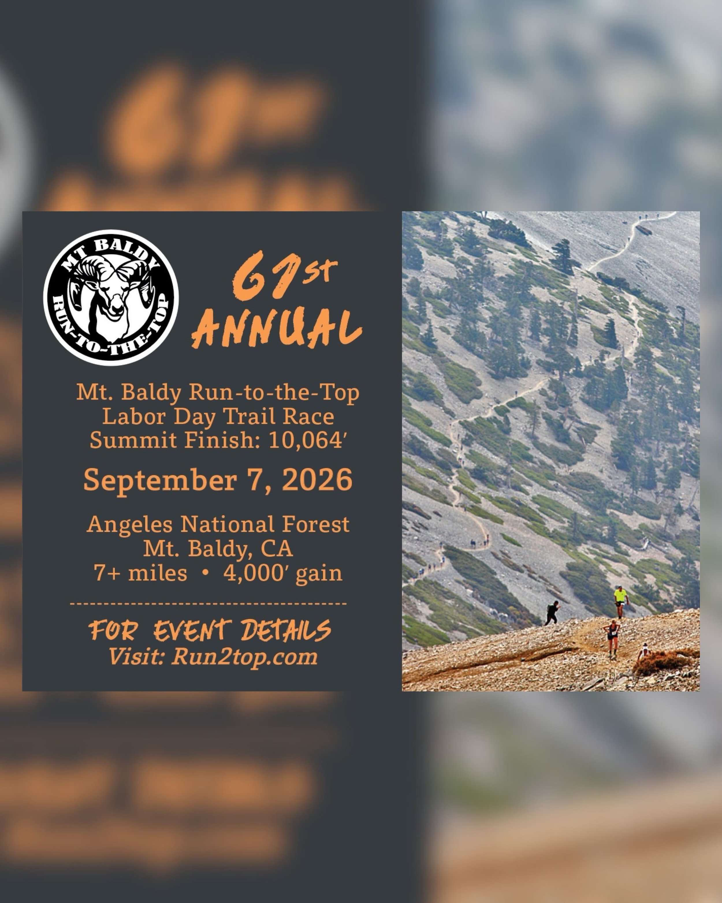 Thinking about your Labor Day plans?! There&rsquo;s still time to register for a Labor Day classic, the Mt. Baldy Race to the Top!! 

This race has been a favorite in the running community for years. You finish at the top, enjoy the views, and enjoy 