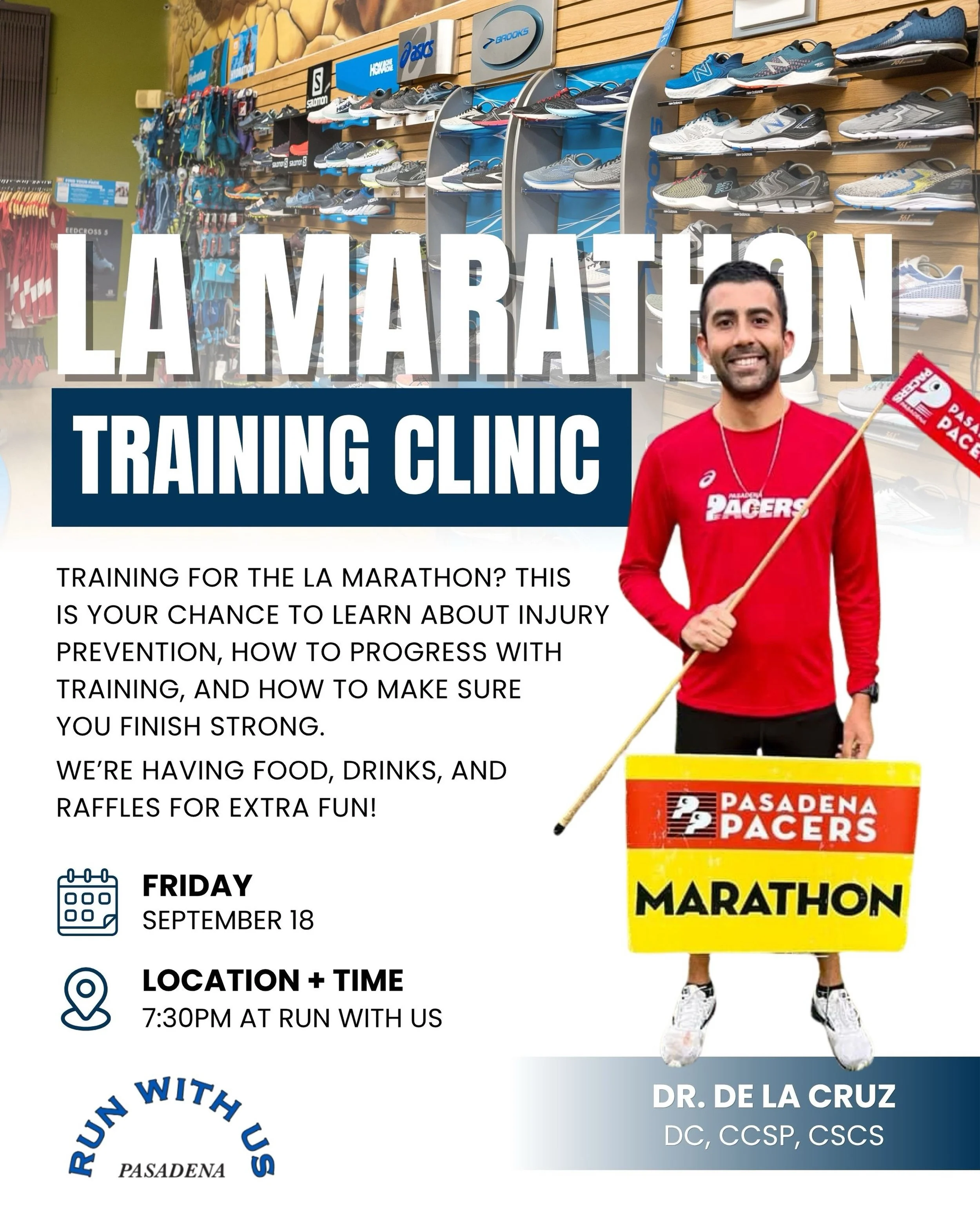 Training for the LA Marathon? 🏃&zwj;♀️🏃&zwj;♂️ Save this date!! 

Join us at Run With Us for an LA Marathon Training Clinic with Dr. De La Cruz!

We&rsquo;ll talk about injury prevention, how to progress through your training, and what you can do o