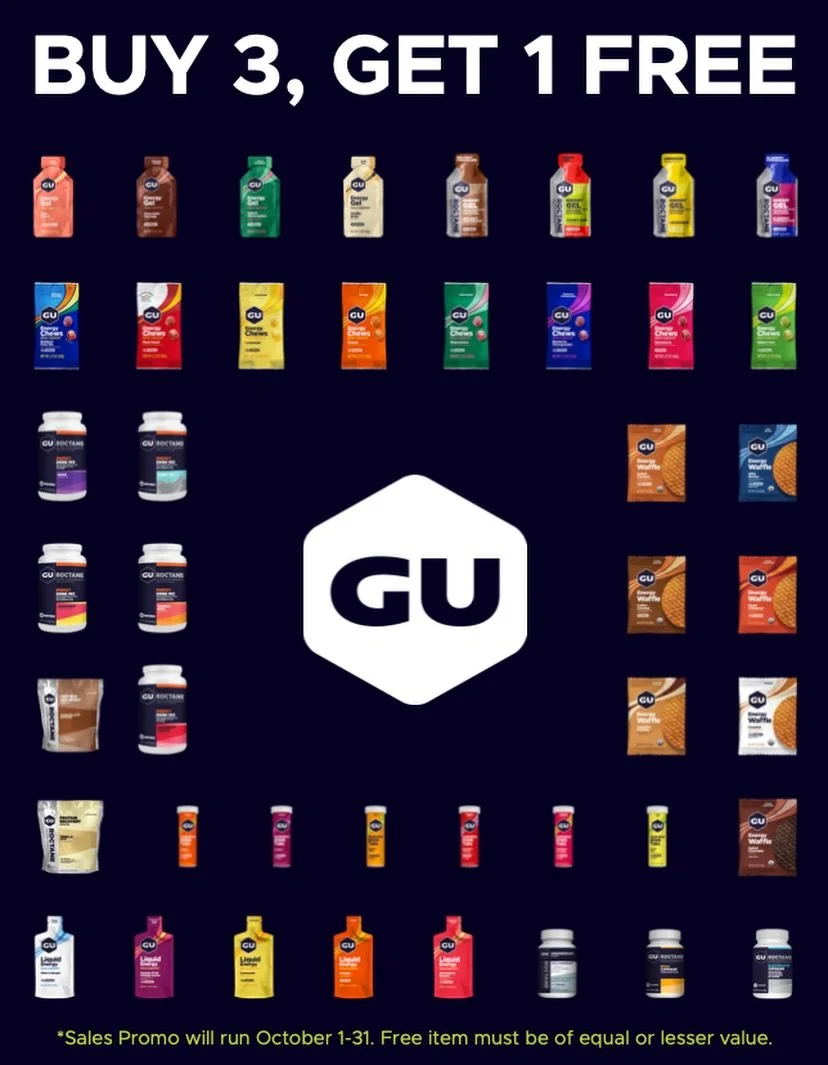 Buy 3, get 1 FREE on all GU, all October⚡

Gels, chews, and hydration. Mix and match and come stock up for race season.

📅 Oct 1&ndash;31 | In store now 
*Free item must be of equal or lesser value.

#runwithuspasadena #gu