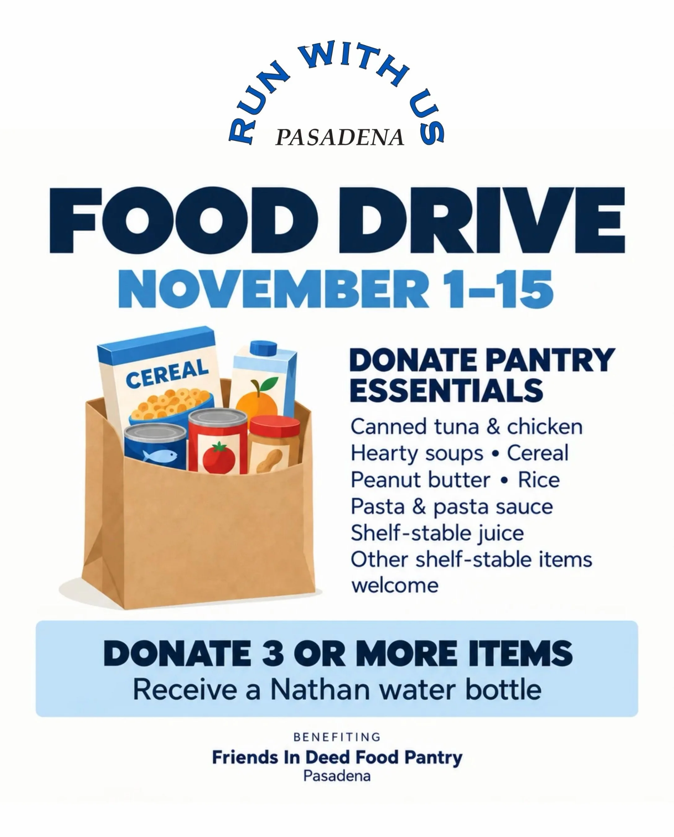 Fueling more than our runs next month 🧡

Starting November 1, we&rsquo;re hosting a Food Drive benefiting Friends In Deed Food Pantry here in Pasadena. Every can, box, and jar goes straight to neighbors who need it most.

✨ Donate 3+ items and we&rs