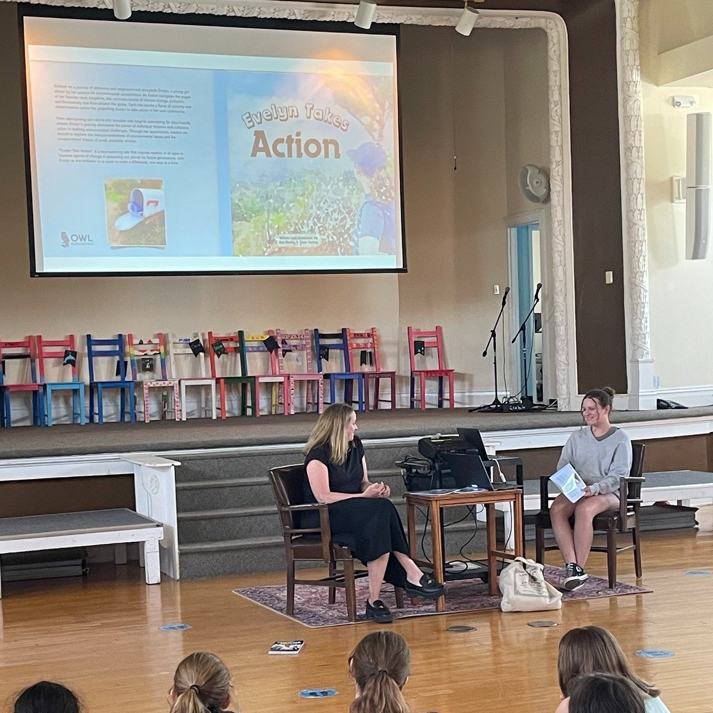 OHMS Board member and current parent Clare Sisisky visited today to co-present with her daughter, current student and co-author of Evelyn Takes Action, a children's book for 1st-3rd grade about the environment, published this week for Earth Week. Whi