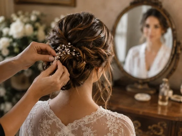Stylist pinning pearls into vintage bridal updo