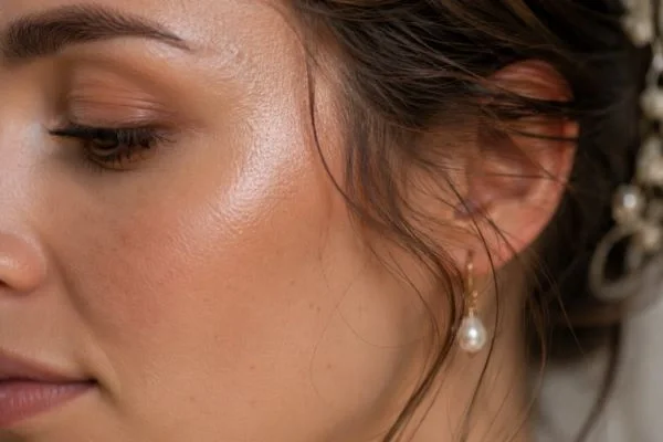 Dewy glow reflecting off bride's cheekbone