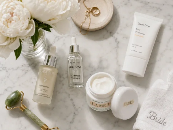 Pre-wedding skincare routine with serums, moisturizer, and SPF for bridal skin prep