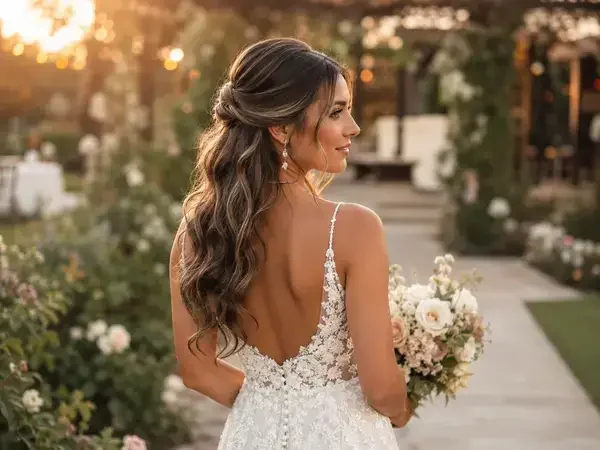 Half-up half-down timeless wedding hairstyle with textured crown volume
