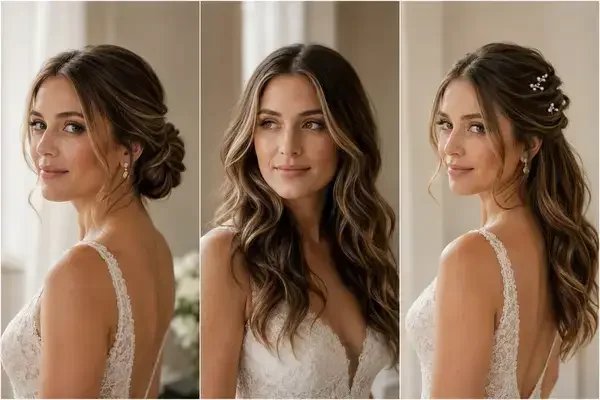 Collage of 2026 bridal hairstyle trends including textured low bun, undone waves, and half-up with pearls