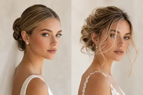 Bridal hair trend comparison showing the shift from polished 2025 to textured 2026 styles
