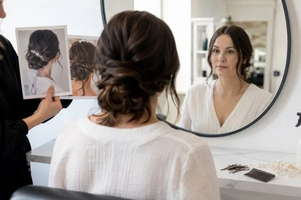 Bride comparing styles during wedding hair trial