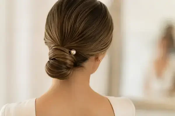 Sleek low chignon bridal hairstyle back view with gold pin detail