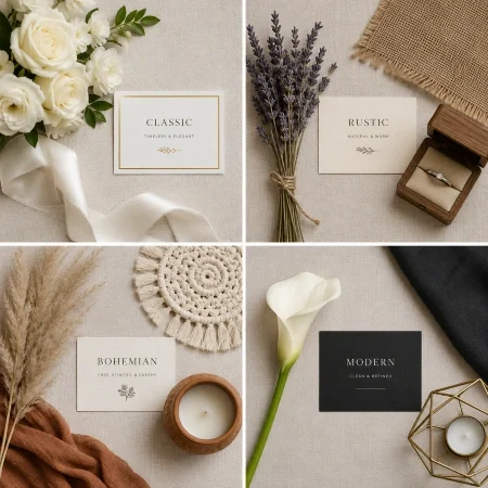 Four wedding style decor elements flat lay comparison