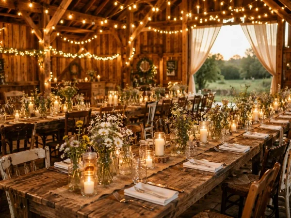 Rustic barn wedding with string lights.