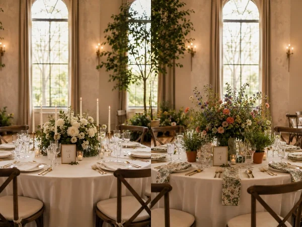 Classic wedding style versus themed table setup comparison
