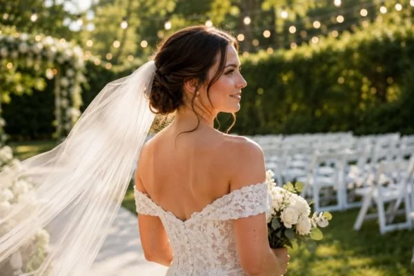 Secure bridal updo at outdoor summer wedding