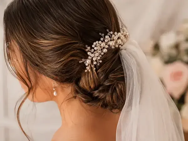 Close-up of pearl-encrusted bridal hair comb in textured low bun with soft veil draping
