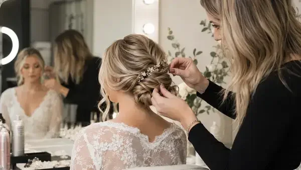 Professional bridal hairstylist creating an updo during a trial appointment with bride at vanity