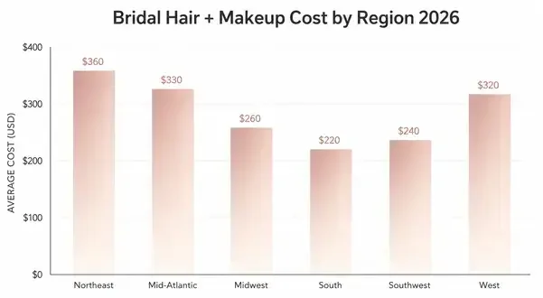 Bar chart showing bridal hair and makeup cost by US region 2026 with Northeast and Mid-Atlantic highest at 360 dollar