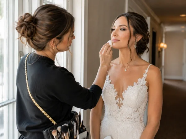 Wedding makeup artist doing a touch-up on bride between ceremony and reception
