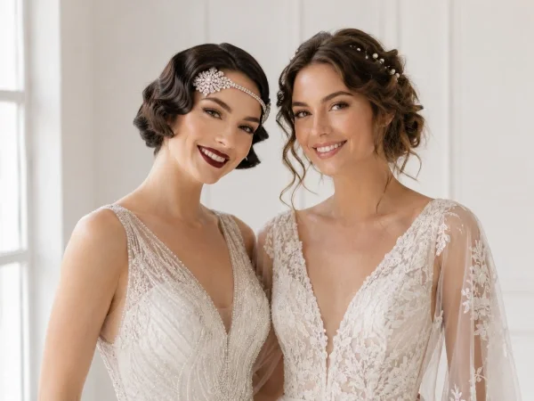Two brides comparing 1920s and Edwardian styles