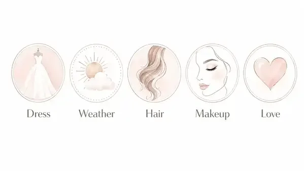 Five factors infographic for choosing a bridal hairstyle: dress, weather, hair texture, face shape, personal style