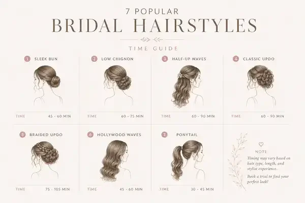 Comparison chart of timeless wedding hairstyles by cost, time, and hold duration