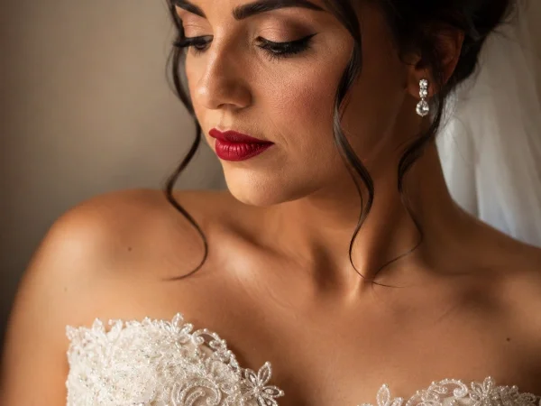 Bold bridal makeup paired with structured lace gown