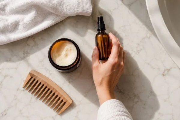 Pre-wedding hair care products on bathroom counter