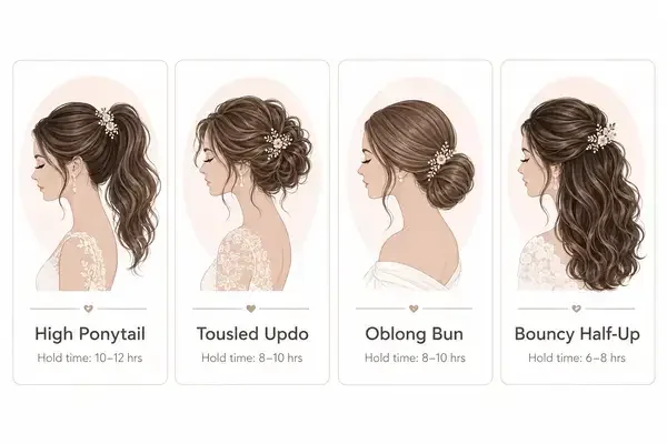 Infographic comparing four 2026 wedding hairstyle trends by price, hold time, and best face shape