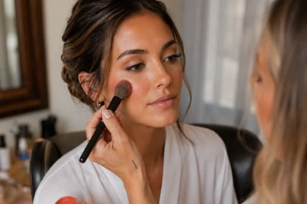 Makeup artist applying soft blush for wedding day look