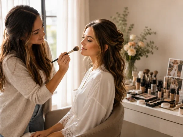 Bridal makeup artist applying natural wedding day look