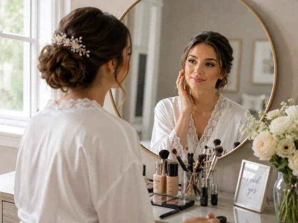 Bride evaluating her wedding makeup trial look in a vanity mirror