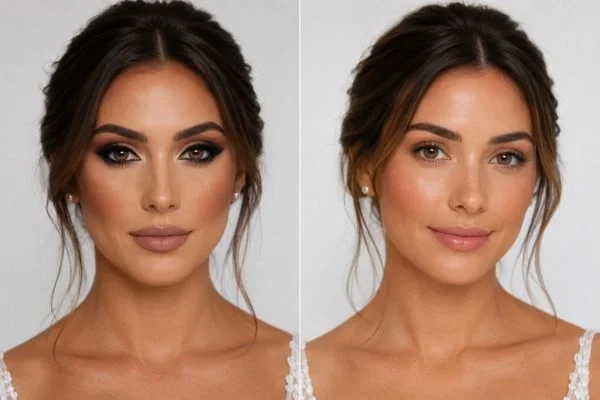 Heavy contour vs soft glam wedding makeup comparison