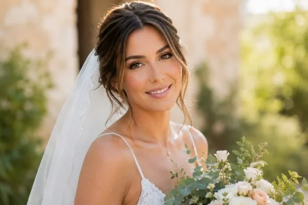 Finished wedding makeup look with luminous bridal skin