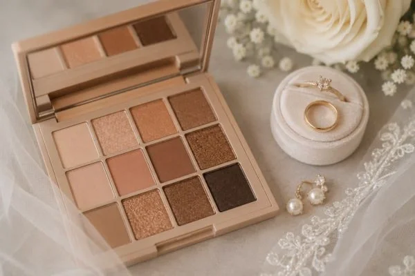 Warm neutral eyeshadow palette for bridal makeup